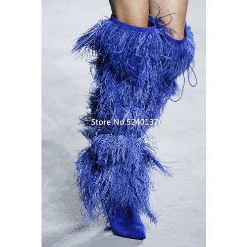 Blue Feather Decoration Women Over-the-knee Boots Pointed Toe Spike Heel Side Zip Autumn/Winter Catwalk Show High Boots Female