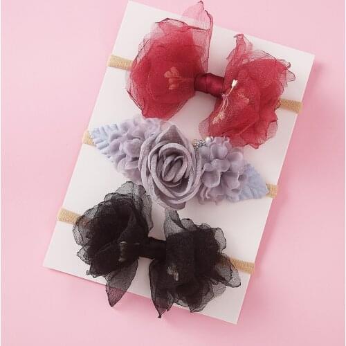 3pcs/set Lace Baby Elastic headband Girl Flower Set Baby Bow Lovely Headdress Gift Child Princess With Hairhand Accessories