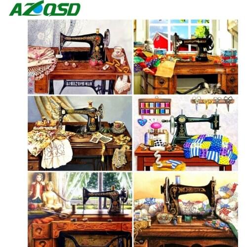 AZQSD Full Drill Square Diamond Painting Sewing Machine Cross Stitch Diamond Embroidery Landscape Picture Rhinestones Decor