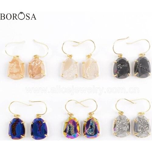BOROSA 3Pairs Gold Plated Claw Rainbow Titanium Drusy Faceted Charm Earrings Mixed Colors Druzy Dangle Earring ZG0371-E