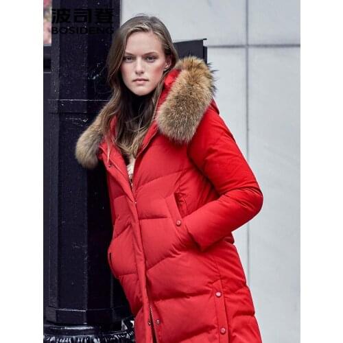 BOSIDENG womens casual winter parkas white duck down jacket with detachable real fur hooded mid-long windproof coats B90141036
