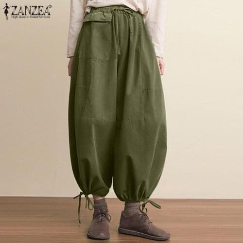 2021 Summer ZANZEA Vintage Women Cotton Linen Pants Wide Leg Pants Drawstring Casual Solid Oversized Lady Elastic Waist Bottoms