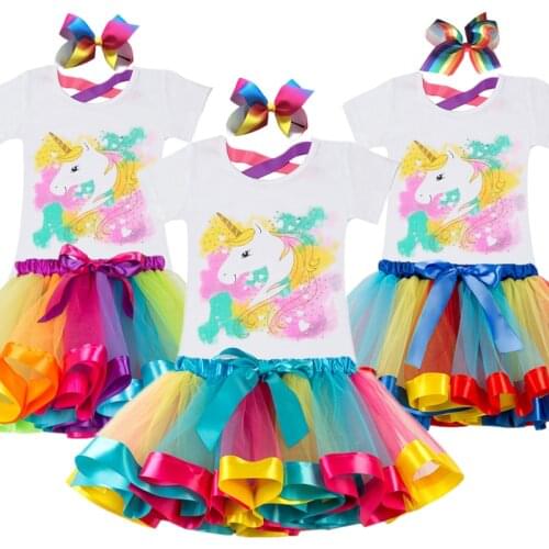 Girls Unicorn Tutu Princess Dress Kids Rainbow Summer Short Sleeve Top T Shirt Dresses Outfits Children Summer Party Clothes Set