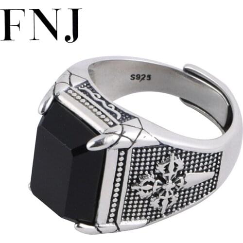 FNJ Black Agate Ring 925 Silver New Original S925 Sterling Silver Rings for Men Jewelry Adjustable size Cross