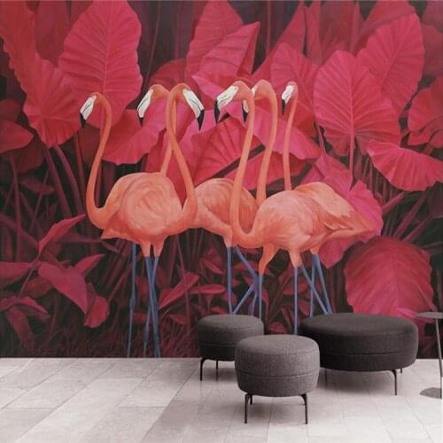Custom Photo 3D Wall Murals Nature Red Tropical Plants Wallpaper Animal Flamingos Wallpaper Home Decor Kitchen 3D Wall Murals