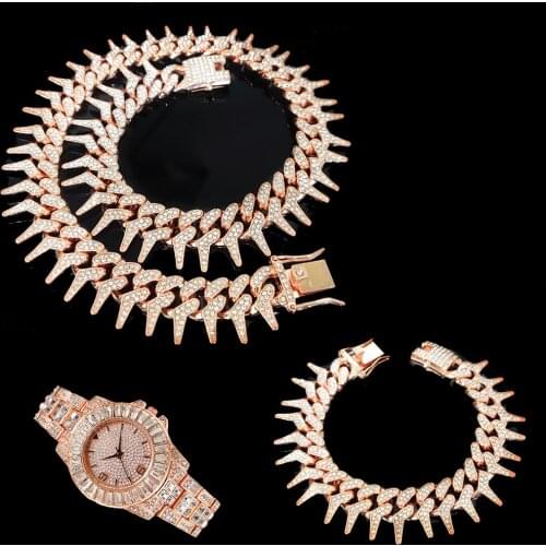 25MM 3pcs Kit Hip Hop Heavy Iced Out Cuban Thorns Link Full AAA Crystal Pave Necklace +Watch+Bracelet for Men Women Jewelry