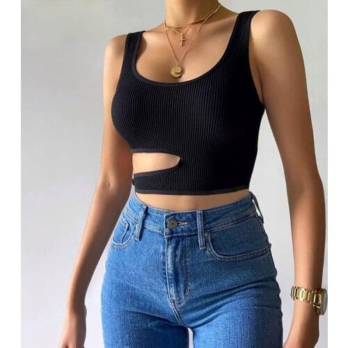 Rib Knit Sleeveless Crop Tops Women 2021Cut Out Low-neck Solid Black Tank Fitness Fashion Sportswear Female Streetwear