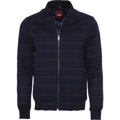 Navy Blue Checked Bomber Coat