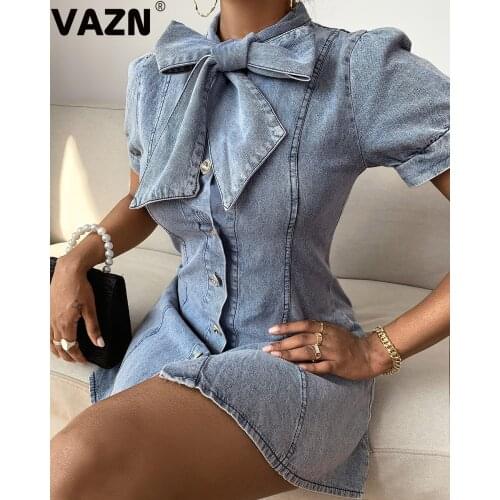 VAZN 2020 Hot Sales High-end Denim Dress Elegant Sexy Young Solid Simple Style Bow Short Sleeve Women Thin Mini Dress