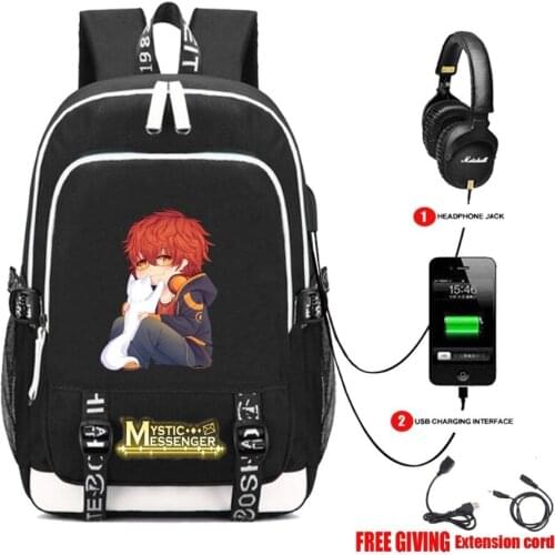 Multifunction USB charging Headphone jack backpack Students bookbag Men Teenage travel bag for anime Mystic Messenger backpack