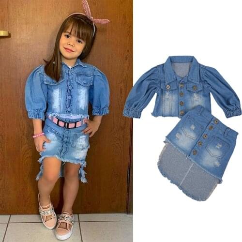 1-6 Y Fashion Kids Baby Girls Clothes Blue Puff Sleeve Open Front Denim Jacket +Irregular Hem Skirt Outfits Autumn Clothes 2Pcs