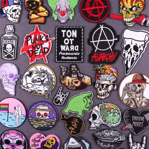 Punk Patches On Clothes Letter Iron on Patch For Clothing Punk Rock Stripe Embroidered Patches Skull For Clothing DIY Applique