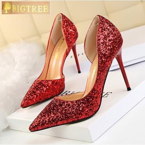 2018 New Sequined Cloth Shallow Fashion Women Pumps Side Cut-Outs Sexy Party Shoes Womens Show Thin Pointed Toe OL Office Shoes