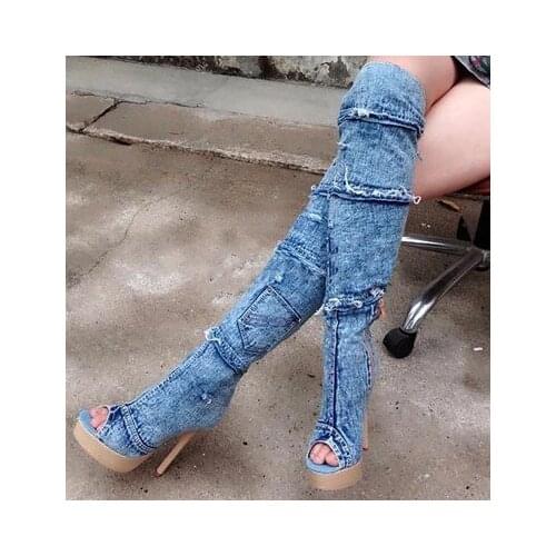 Sexy Denim Blue Jean Boots Wood Sole Platform Open Toe Lace Flowers Patchwork Tall Boots Knee High Cut-out Floral Shoes woman