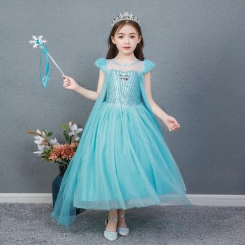 Frozen 2 Elsa Girl Princess Dress Anime Character Blue Color Childrens Birthday Gift Stage Costume Long Sleeve Height 90-150cm