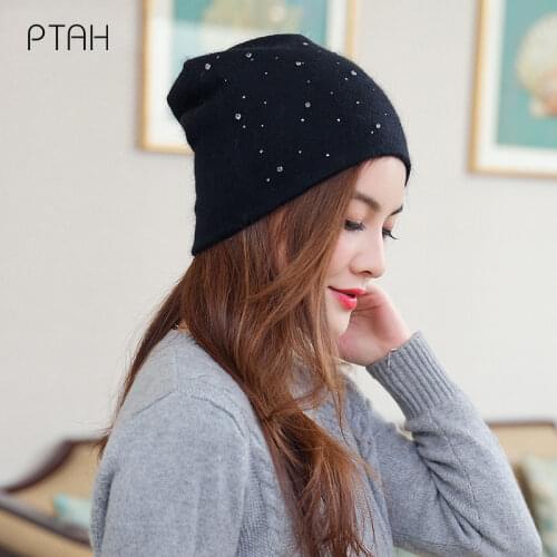 [PTAH] Knitted Hat Women Autumn Winter Hats for Women Ladies Brand Pure Color Girls Cap Female Skullies Beanies Warm Woolen Hat