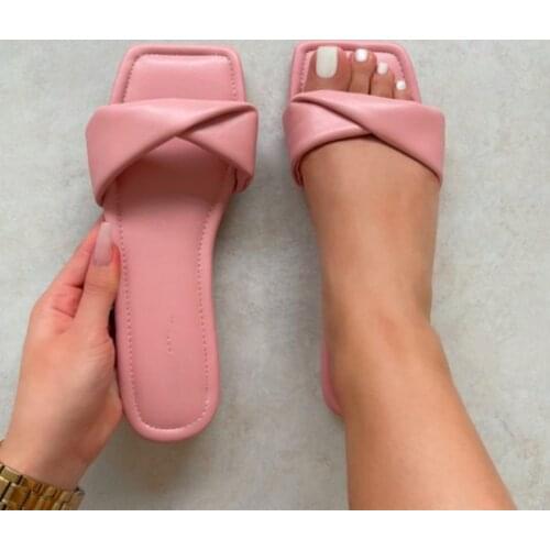 Womens New Square Toe Slippers Ladies Summer Beach Flat Candy Color Slides Casual Outdoor Sewing Bow Women Fashion Footwear