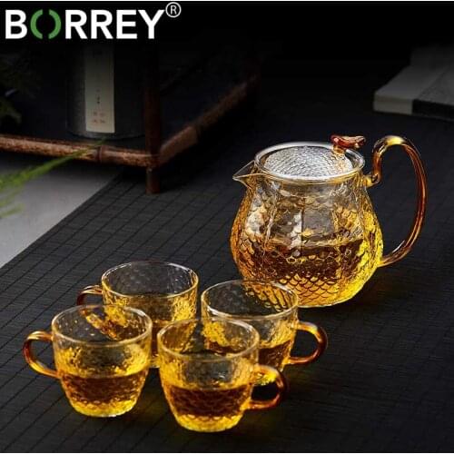 BORREY 5Pcs Glass Tea Sets High Borosilicate Glass Teapot Cup Flower Teapot With Removable Filter Puer Kettle Kung Fu Tea Set