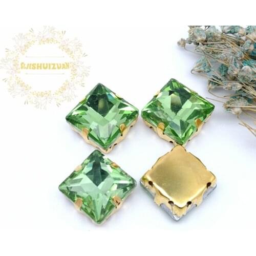 Light green Square Crystal Glass Sewing Rhinestones with gold Claw Rhinestones for Diy wedding Dress and Bags