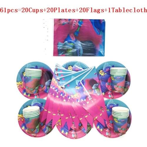 Party Supplies 61/31Pcs Trolls Theme Kids Tableware Boy Girl Birthday Plate Cup Flag Tablecover Decorations Supply For 10 People