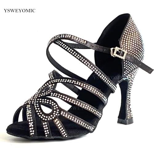 New Style Women Rhinestones Latin Salsa Dance Shoes Black Satin High Heel zapatos de baile latino Customized Heel 5-10 cm