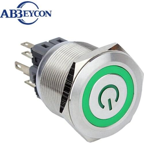 TY 2506F momentary 25mm metal flat round waterproof switch green ring LED and power symbol illuminated switch