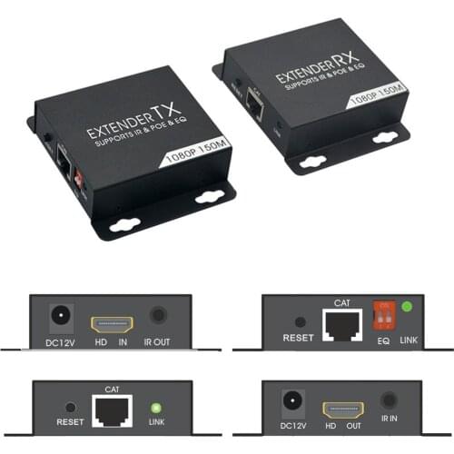 150m HD Extender FUll HD 1080P via POE Cat5/5e/Cat6 by Rj45 Transmitter and Receiver For Laptop Camcorder DVD