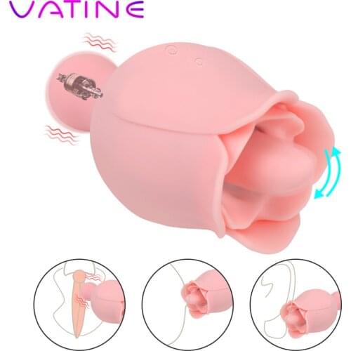 VATINE Pink Rose Shape Tongue Licking Vibrator Dual Head Nipple Clitoris Massager Oral Sex Sex Toys for Women