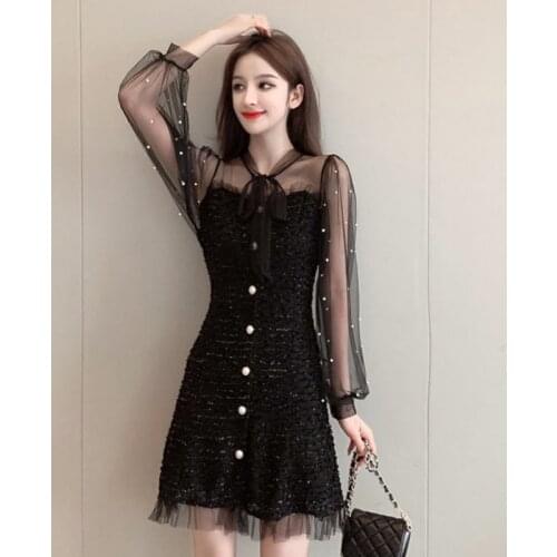 Spring Autumn Womens Dresses Korean Style Sexy Solid Color Net Gauze Beaded Dress New Waist Slim Long Sleeve A-line Dress LL617