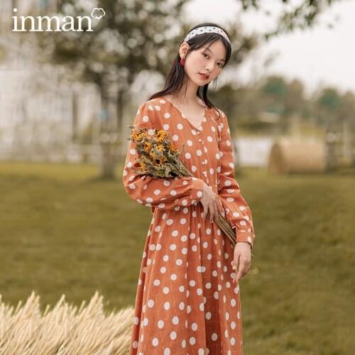 INMAN Spring Autumn Vintage Pot-dot V-neck Long-sleeve With A Slimming Bow Tie Dress