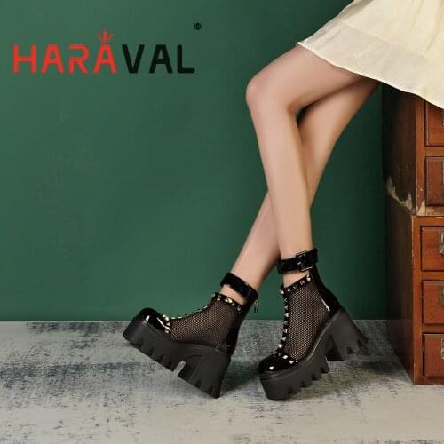 HARAVAL Ankle Boots Spring Autumn Sexy Fashion High Heels Waterproof Platform MartinAir Mesh Round Toe Black White Adult E33L