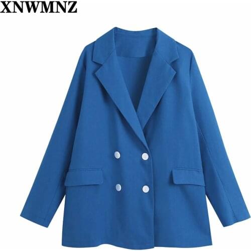 XNWMZN New women Blue oversized double-breasted blazer woman long sleeve lapel collar flap pockets Suit coat blazers chic tops