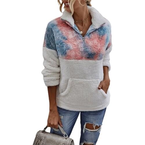 2020 Winter Fleece Sweater Fashion Tie-dye Patchwork Fluffy Thick Sweaters Warm Zipper Pullovers Women Winter Coat Sherpa Tops