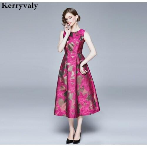 New High Waist Jacquard Red Summer Dress Vestidos Verano 2021 Big Aristocratic Women Sleeveless Party Dress Sukienki K8085