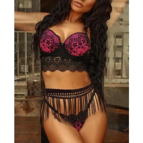2021 Spring New Ladies Fashion Lace Tassel Patchwork Sexy Lingerie Suit Rose Exotic Apparel Red/Green S-XL