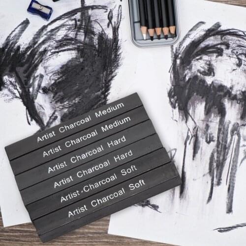 6Pcs Compressed Charcoal Sticks Black Square Soft/Medium/Hard Graphite Drawing Pencil Art Supply