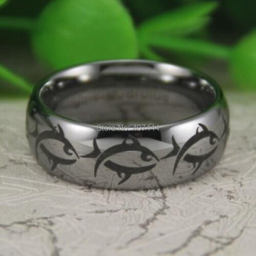 Free Shipping USA UK Canada Russia Brazil Hot Sale 8MM Silver Dome Maori Whale Tribal Fish Mens Fashion Tungsten Carbide Ring