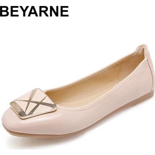 BEYARNE2019New Women Square Buckle Ballet Flats Shoe Comfortable Soft Slip on Square Toe Patent Leather Driving Folding ShoeE913