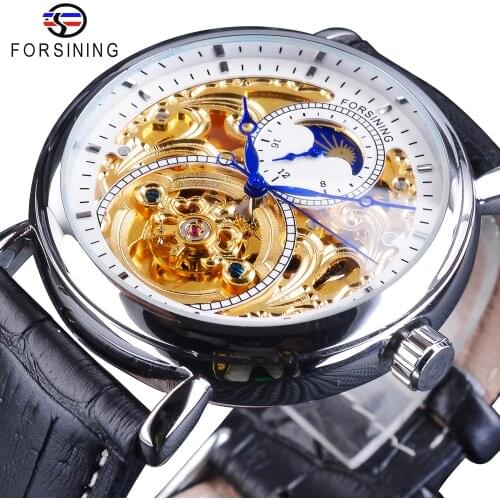 Forsining 2018 White Golden Open Work Watches Fashion Blue Hands Mens Automatic Watches Top Brand Luxury Black Genuine Leather