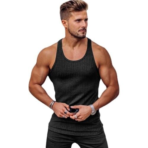 Fitness Sleeveless T Shirt Knitted Slim Fit Vest Sports Strips Gym Stringer Tank Top Men Solid Fashion Singlets Summer Clothing