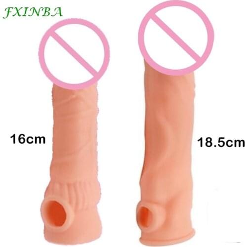 FXINBA 16/18.5cm Penis Extender Sex Toys For Men Reusable Condoms Dick Enlargement Realistic Cock Extender Delay Ejaculation