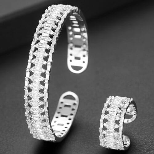 GODKI luxury Stackable Dubai Gold Bangle Cuff Ring Sets For Women Wedding Cubic Zircon Crystal CZ Dubai Bridal Jewelry Sets