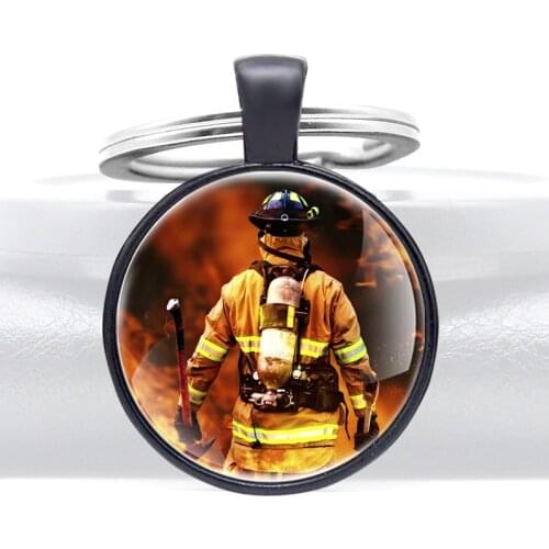 Classic Brave Firefighter Emergency Rescue Keychains Fashion Glass Dome Key Rings Gifts