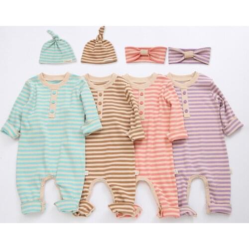 Toddler Baby Boy Girl Stripe Romper Suit Long Sleeves Loose Fashion Baby Clothes Candy Color Newborn Baby Jumpsuit With Headband