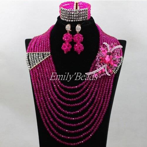 Fuchsia Pink Crystal Beads Necklace Set 10 Layers Nigerian Wedding Costume African Jewelry Sets Free Shipping ALJ241