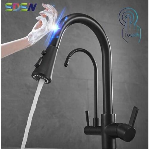 Smart Touch Kitchen Faucets Three Ways Hot Cold Pull Out Kitchen Mixer Tap Contemporary Matte Black Sensor Touch Kitchen Faucet