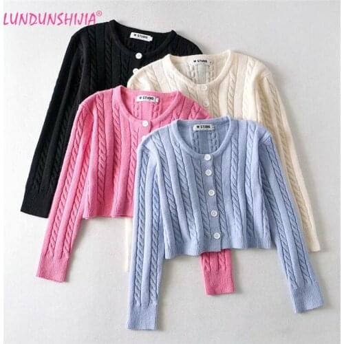 LUNDUNSHIJIA 2021 New Spring Women Fashion Long-Sleeve Twist Knitting Cardigans Ladies Elastic Sweater Crop Tops