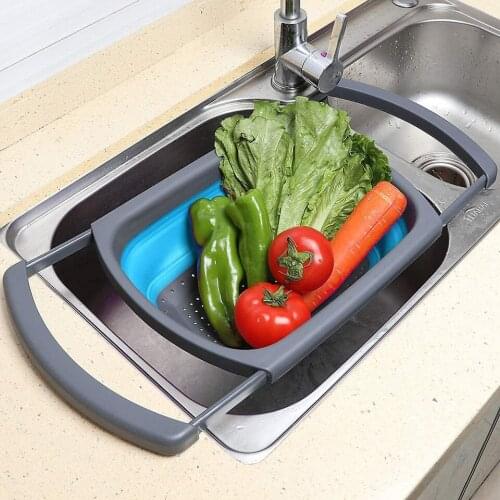 Fashion Silicone Kitchen Fruits Fresh Vegetables Collapsible Colander Square Over The Sink Colander Wash Basin
