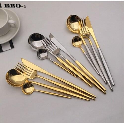 4pcs Good Mirror Gold Dinnerware Sets 304 Stainless Steel Silver Dining Knife Forks Cutlery Golden Restaurant Tableware Set