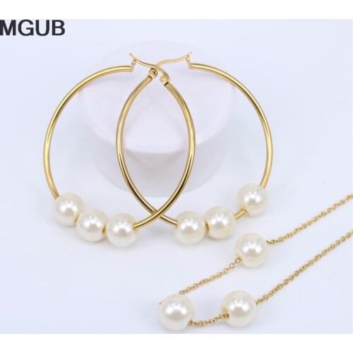 MGUB Gold color 10 kinds of size 30mm-75mm Hoop earring Imitation pearls Pendant chain stainless steel jewelry Set LH469